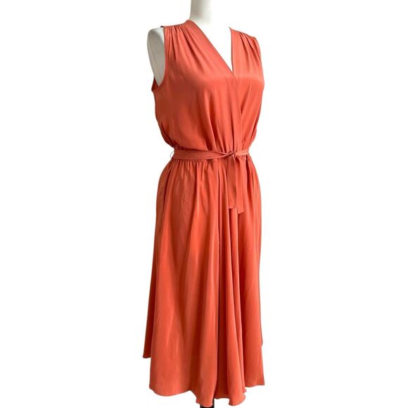 Vintage 90s Silk Midi Dress 8 Coral Fit & Flare Minimalist Wedding Office Retro - Picture 2 of 10